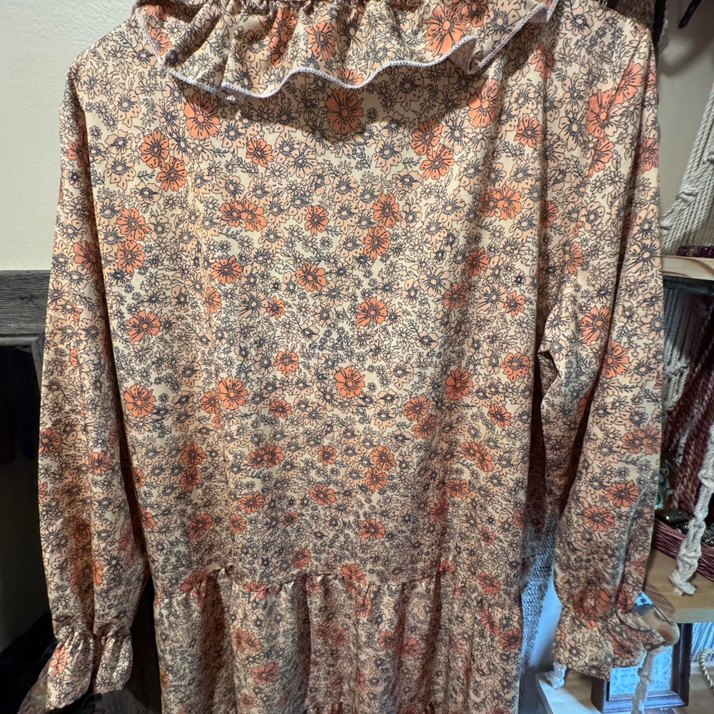 Floral Long-Sleeve Dress with Ruffle Collar